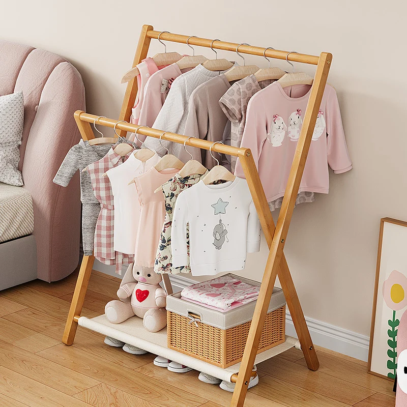 Contemporary Scandinavian Rectangular X-Shaped Natural Nan Bamboo Foldable Kids Hall Tree 3-Tier For Bedroom