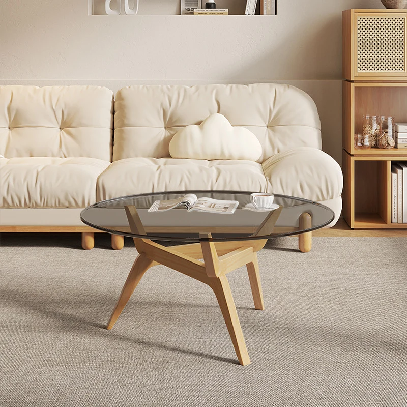 Traditional Vintage Round Rubberwood Solid Wood Tempered Glass Coffee Table For Living Room