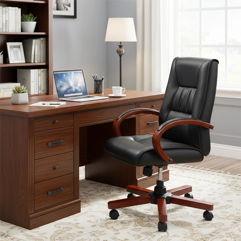 Modern Minimalist Curved PU Leather Sponge Solid Wood Nylon Desk Chair Backrest Armrest For Home Office