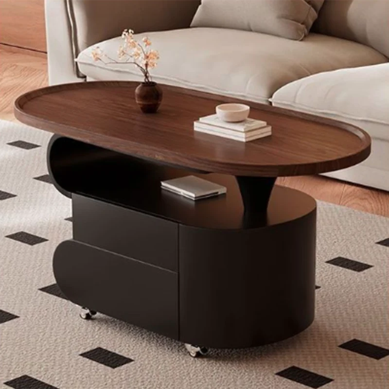 Contemporary Nordic Oval Eco-Friendly Board Carbon Steel Movable Design Coffee Table 2-Drawer For Living Room
