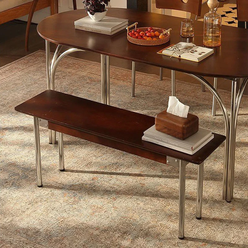 Traditional Vintage Rectangular Rubberwood Stainless Steel Bench Backless Armless For Hallway & Entryway