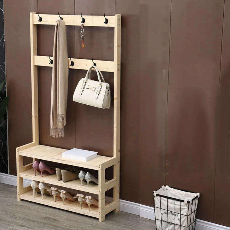 Traditional Coat Rack Free Standing Solid Wood Hall Stand with Shoe Storage Bench