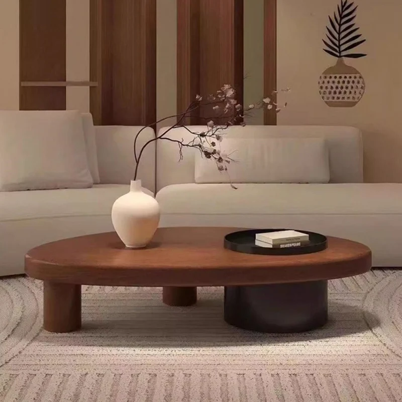 Contemporary Retro Ellipse Pine Wood Iron Hidden Storage Coffee Table 1-Cabinet For Living Room