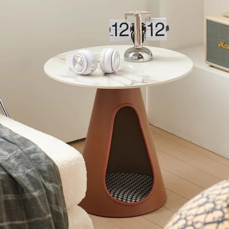 Modern Minimalist Round Stone Slab Iron Coffee Table 2-Tier For Living Room