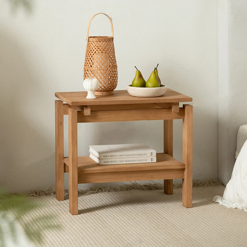 Traditional Rustic Pine Wood Rectangular Side Table 2-Tier For Living Room