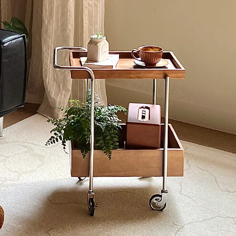 Traditional Vintage Movable Rectangular Rubberwood Stainless Steel Side Table 2-Tier For Living Room & Bedroom