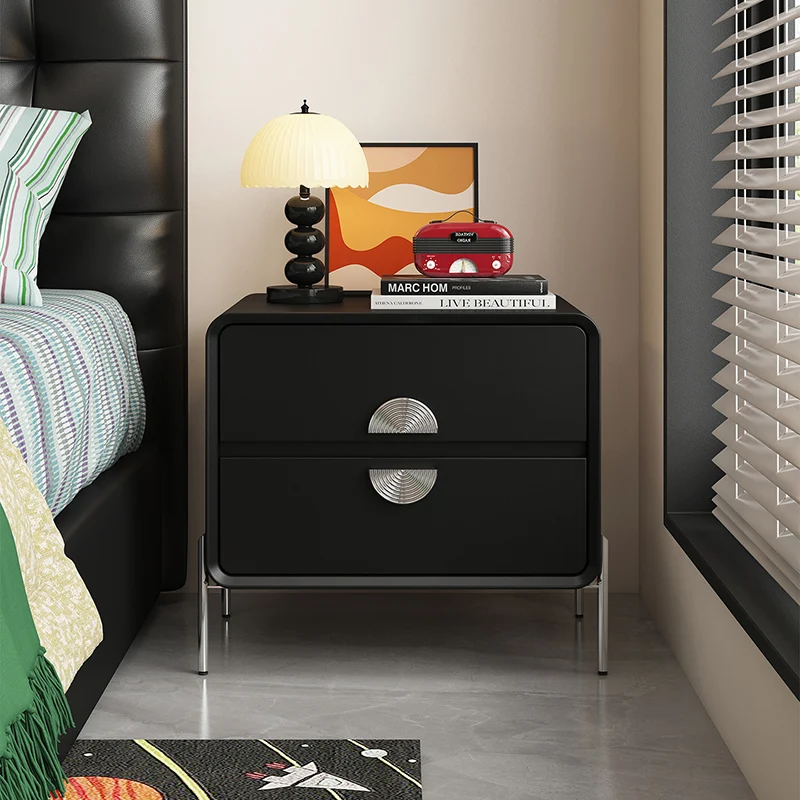 Contemporary Nordic Solid Wood Multi-Layer Board Stainless Steel Cat Scratching Leather Rectangular Nightstand 2-Drawer For Bedroom