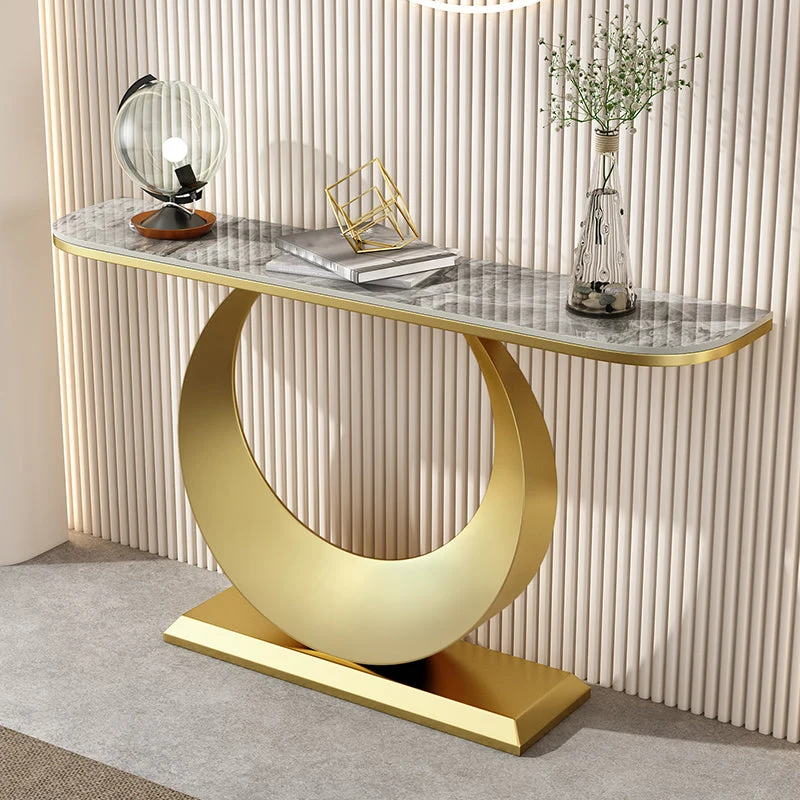 Glam Stone Console Accent Table Half Moon Console Sofa Table for Hall