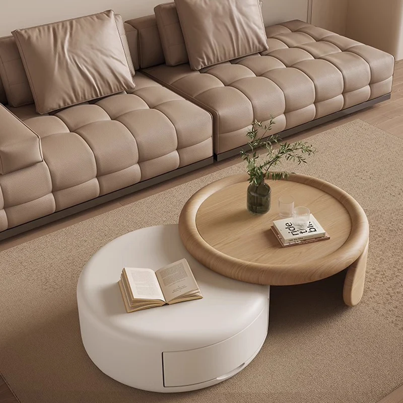 Contemporary Scandinavian Solid Wood Plywood MDF Round Coffee Table Set With Expandable Design 1-Drawer Storage For Living Room