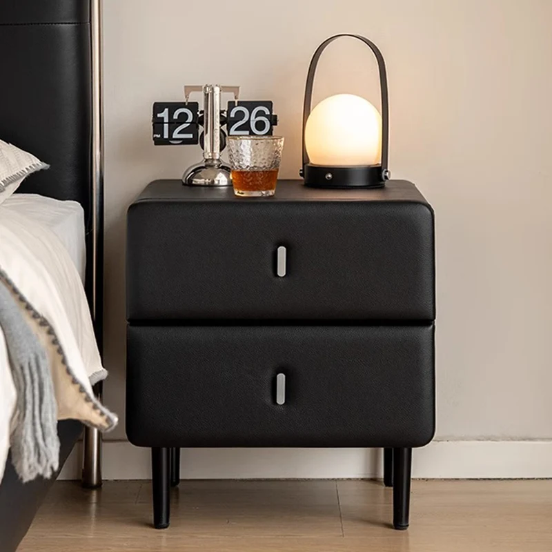 Modern Minimalist Solid Wood & Plywood Faux Leather Rectangular Nightstand With 2-Drawer Design For Bedroom