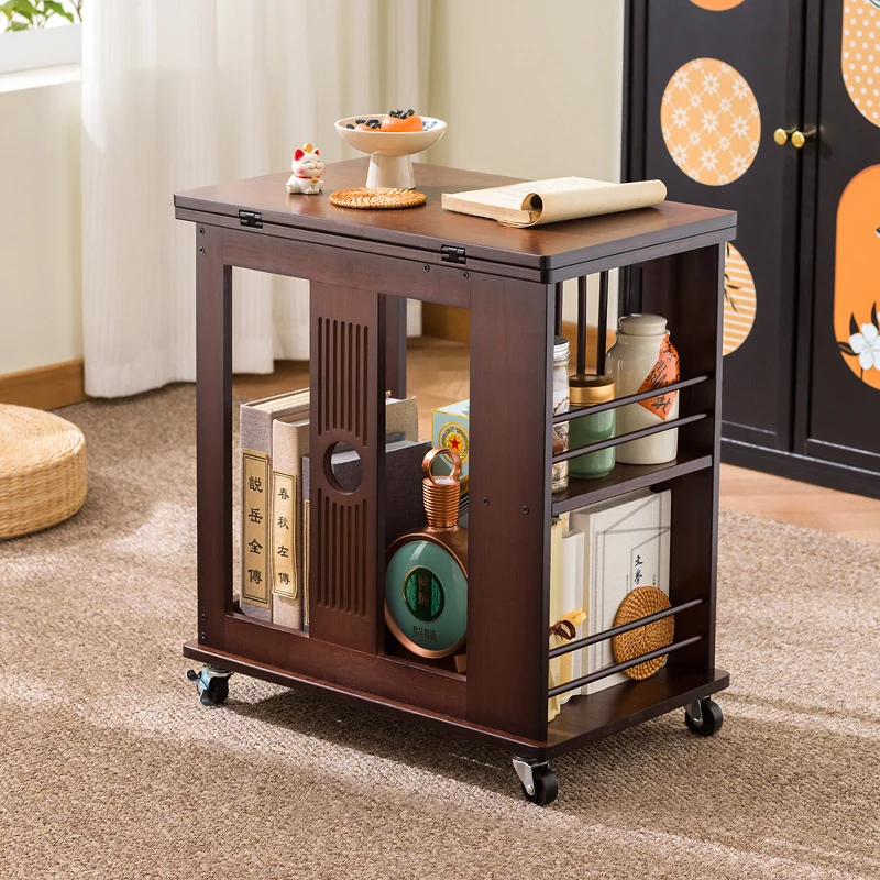 Traditional Chinese Rectangular Nan Bamboo Foldable Movable Coffee Table 2-Tier For Living Room