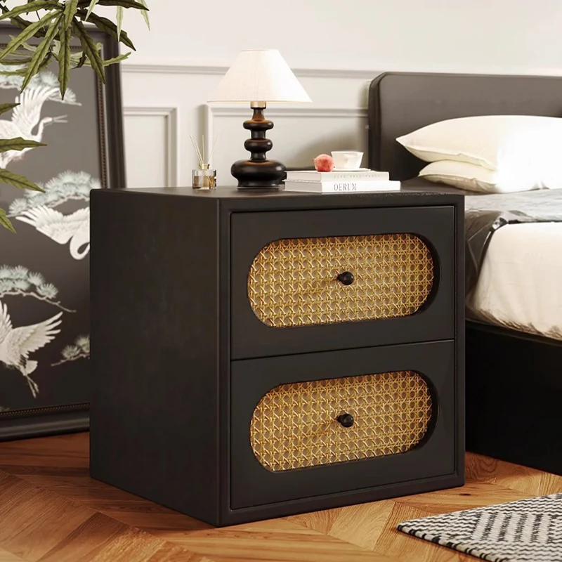 Traditional Japanese Square Rectangular Microfiber Leather MDF Solid Wood Plywood PVC Rattan Weaving Nightstand 2-Drawer For Bedroom