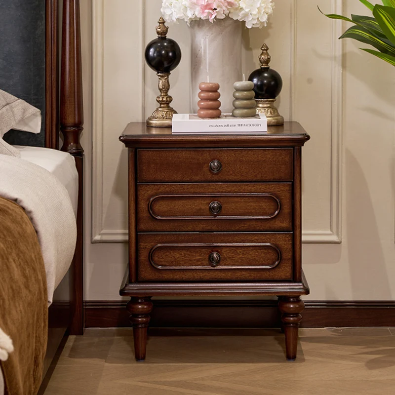 Traditional Vintage Rectangular Mahogany Rubberwood Multi-Layer Plywood Nightstand 3-Drawer For Bedroom
