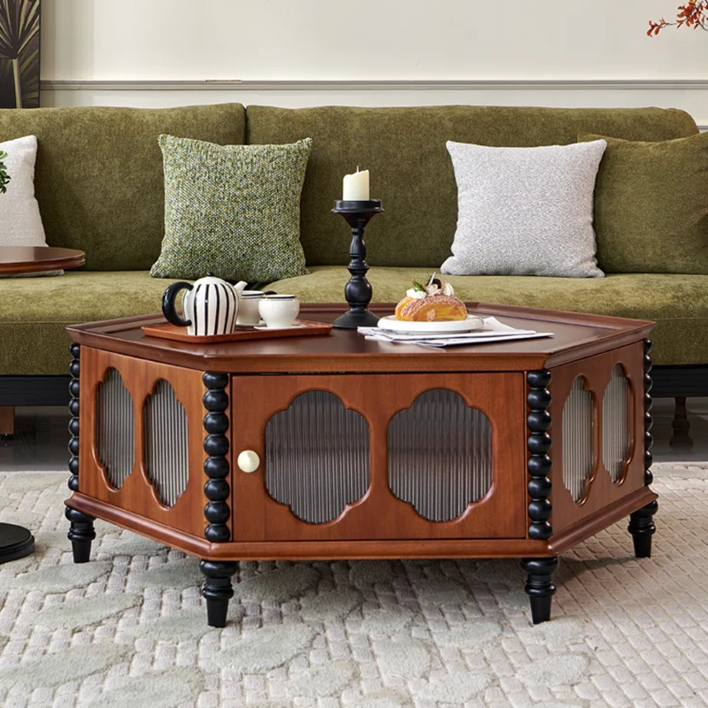 Traditional Vintage Hexagonal Mahogany Rubberwood Multi-Layer Solid Wood Coffee Table 1-Storage For Living Room