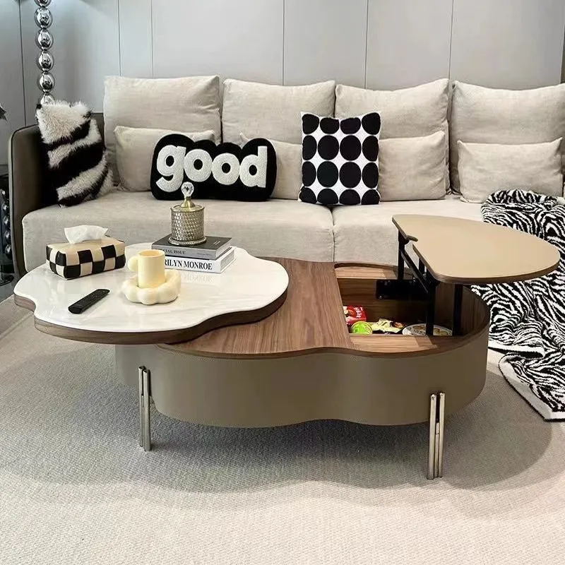 Contemporary Creative Cloud-Shaped Microcrystalline Stone Medium Density Fiberboard Saddle-Style Faux Leather Solid Wood Stainless Steel Coffee Table 2-Tier For Living Room