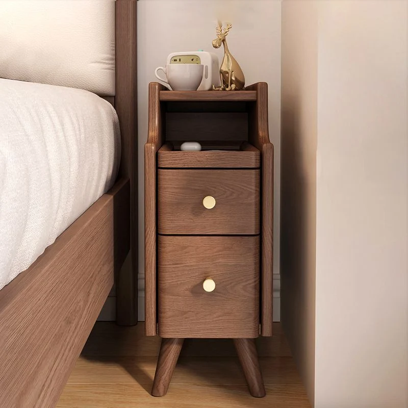 Modern Minimalist Rectangular Rubberwood Paulownia Wood Metal Nightstand 2-Drawer For Bedroom