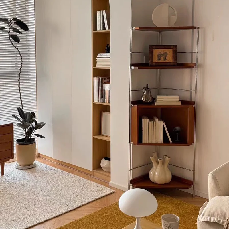 Modern Minimalist Triangular Cherry Wood Stainless Steel Corner Shelf Unit 5-Tier For Living Room