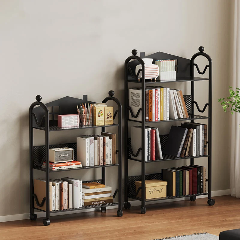 Contemporary Nordic Narrow Castle-Shaped Iron Movable Kids Storage Shelf 3/4-Tier For Living Room