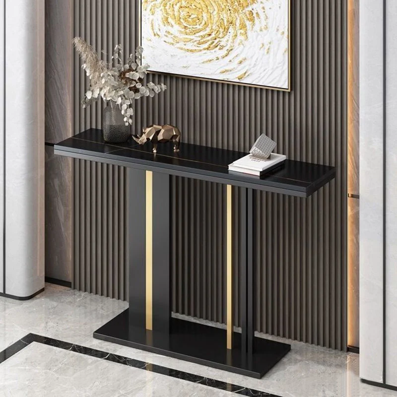 Contemporary Style Console Table with Stone Top and Pedestal Base for Hall