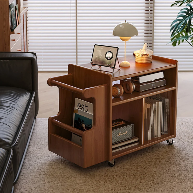 Contemporary Creative Rectangular Handcart-Shaped Glass Solid Wood Side Table 3-Tier For Bedroom