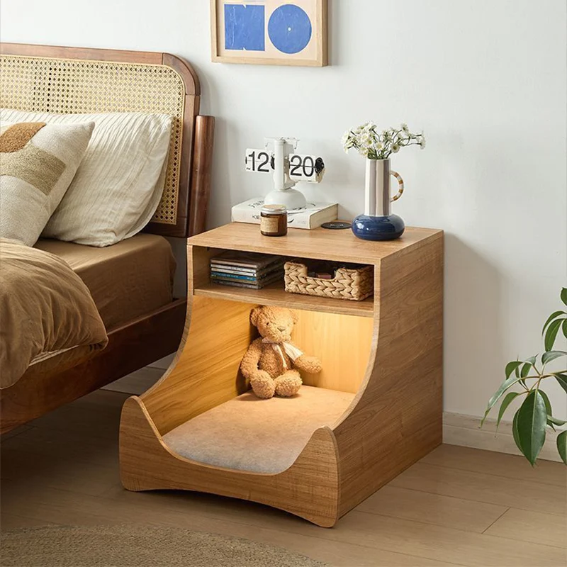 Modern Minimalist Curved Velvet Multi-Layer Plywood Pet House Nightstand 2-Tier For Bedroom