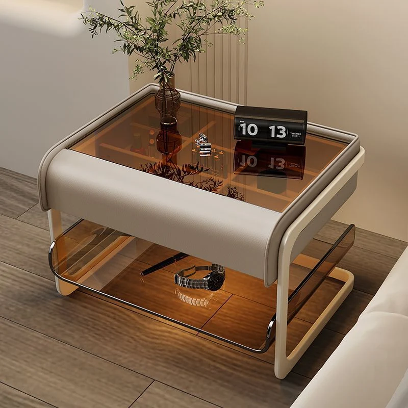 Modern Minimalist Rectangular Faux Leather Acrylic Nightstand 2-Tier For Bedroom