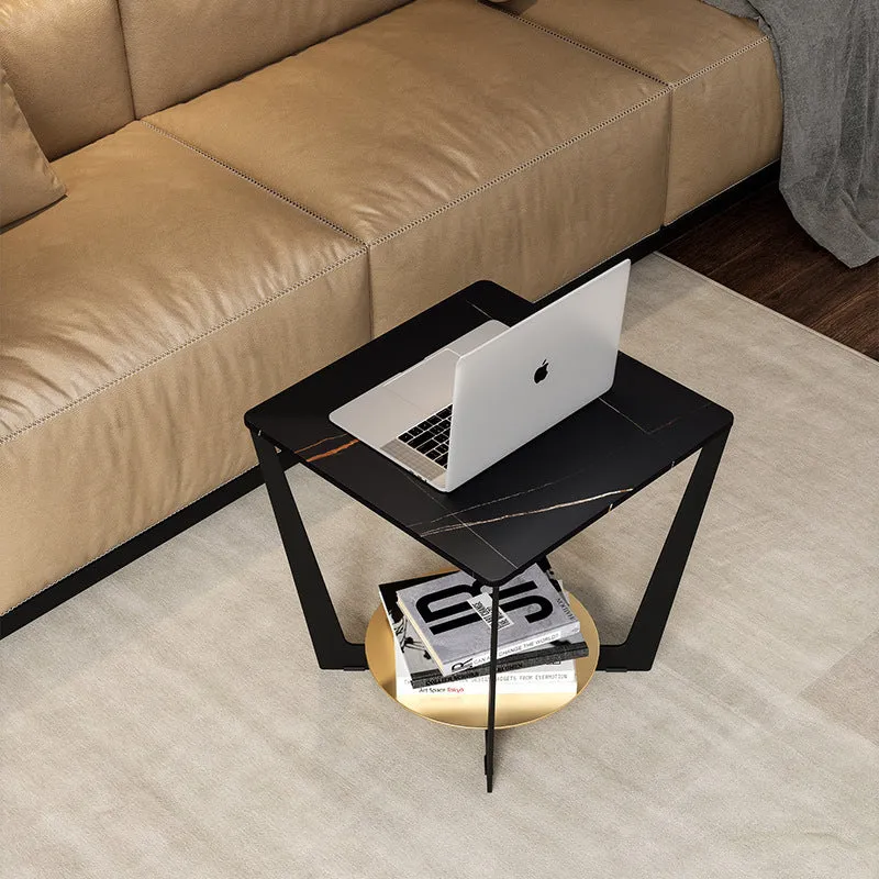Modern Art Decor Rectangular Stone Slab Iron Side Table 2-Tier For Living Room