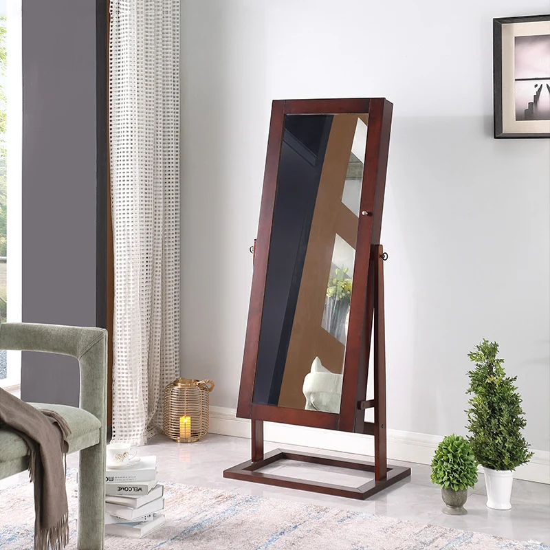 Traditional Chinese Rectangular Solid Wood Glass Medium Density Fiberboard Jewelry Storage Cabinet Full-Length Mirror For Bedroom