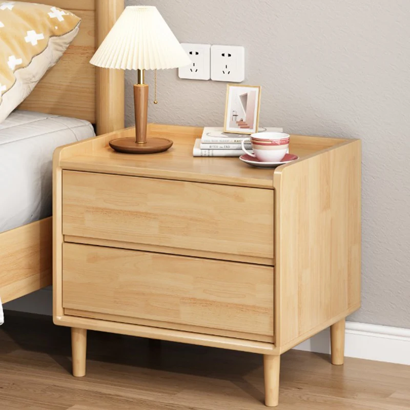 Traditional Chinese Solid Wood Sintered Stone Metal Square-Cylinder Nightstand With 2 Drawers For Bedroom