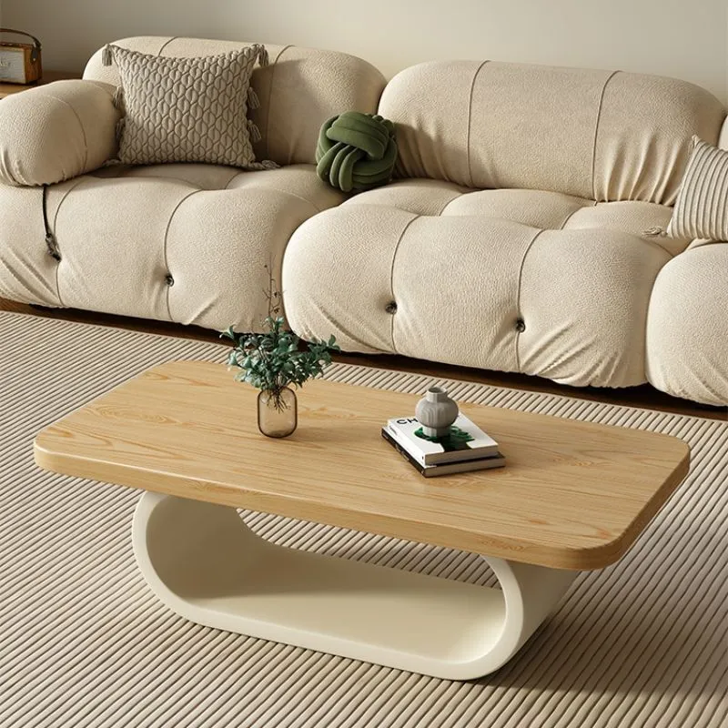 Contemporary Scandinavian Solid Wood Engineered Wood Rounded Rectangular Coffee Table 2-Tier For Living Room