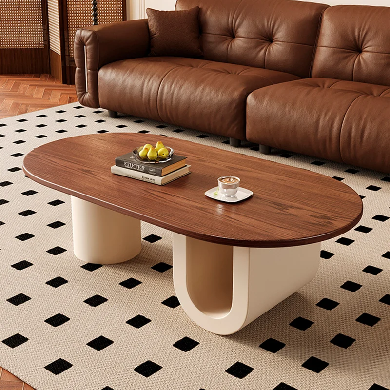 Contemporary Creative Solid Wood Plywood Metal Oval Round U-Shape Coffee Table 1-Tier For Living Room