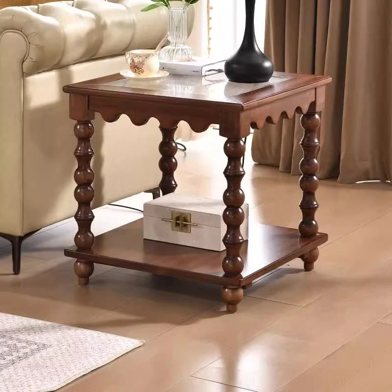 Traditional Chinese Glass Rubberwood Square Roman Column Coffee Table 2-Tier For Living Room
