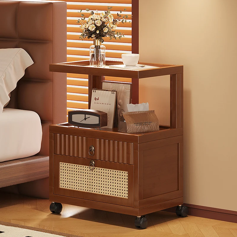 Traditional Vintage Bamboo MDF ABS Acrylic Movable Square Side Table With 2 Drawers For Living Room