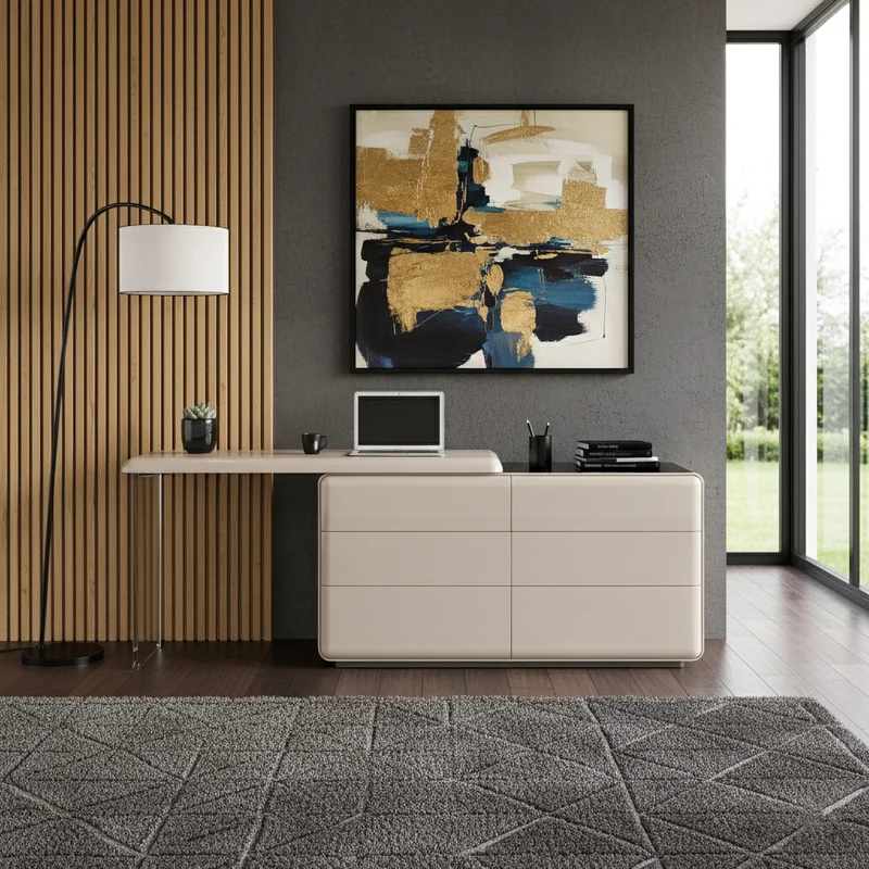 Modern Minimalist Khaki Makeup Vanity With Acrylic Legs & 6-Drawer Storage Cabinet - E1 MDF Makeup Desk For Bedroom