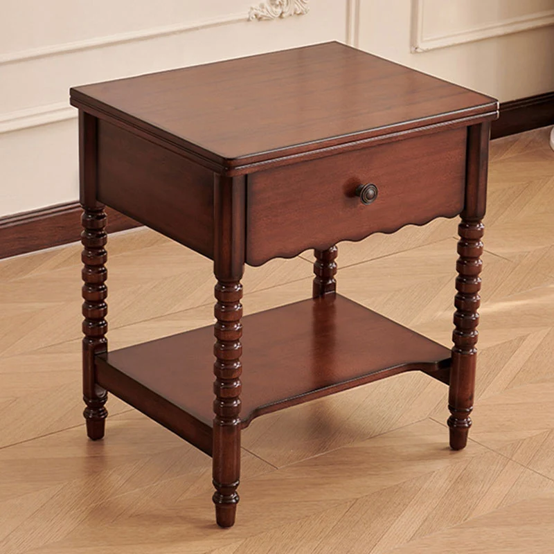 Traditional French Mahogany Wood Plywood Roman Column Square Nightstand 1 Drawer For Bedroom