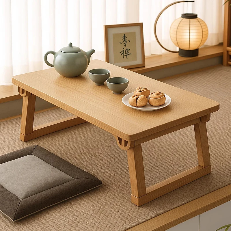 Traditional Japanese Pine Wood Rubberwood Foldable Rectangular Coffee Table 1 Tier For Living Room