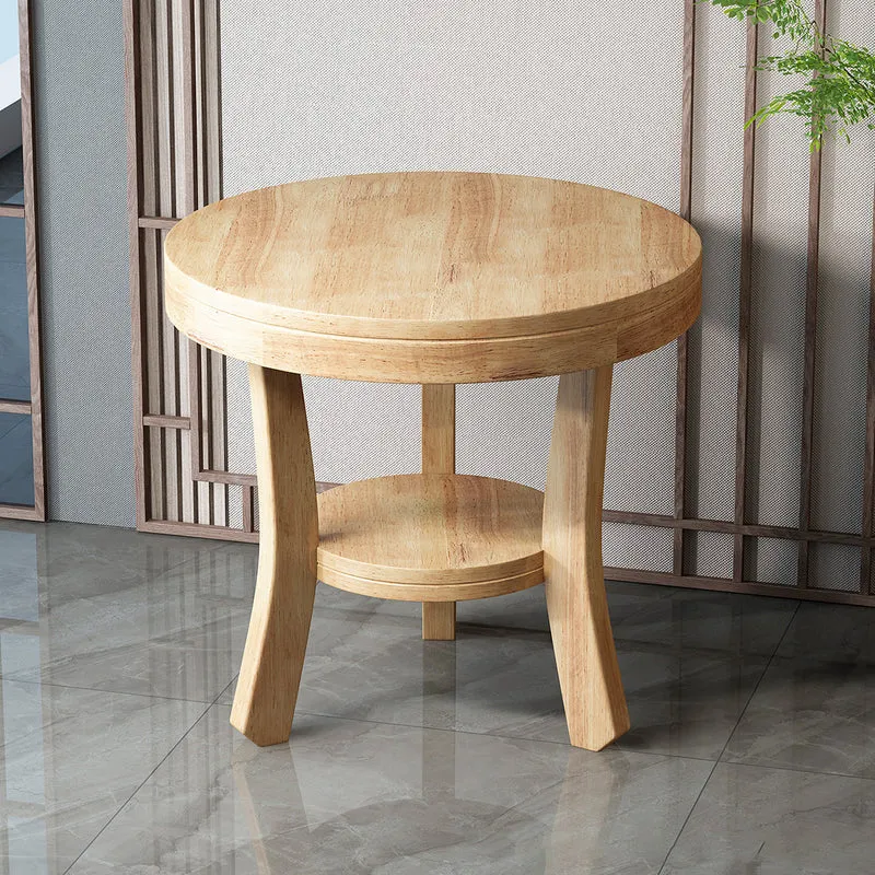 Traditional Vintage Rubberwood Round Curved Side Table 2-Tier For Living Room