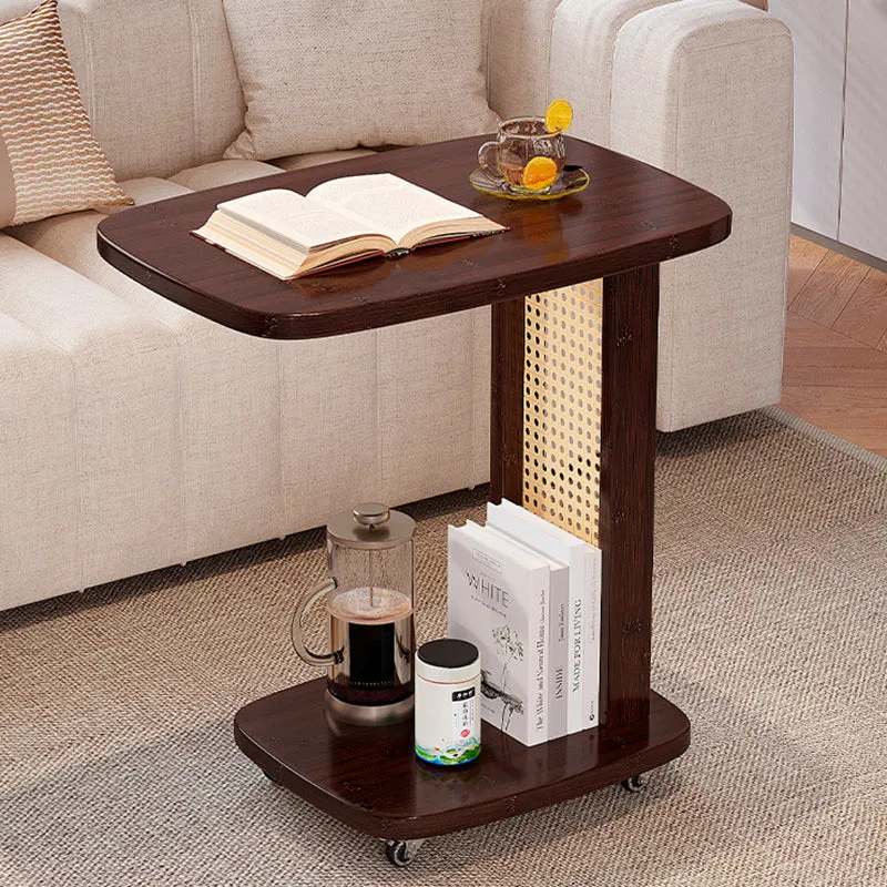 Traditional Chinese Bamboo MDF Woven Resin Rounded Square C-Shaped Side Table 2-Tier For Living Room