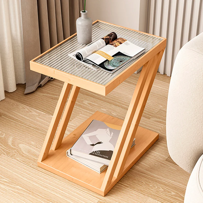 Traditional Japanese Glass Nan Bamboo Square Side Table 2-Tier For Living Room