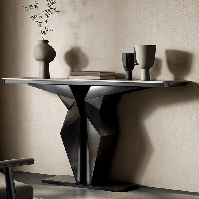 Stone Rectangle Console Table Glam 13.78" Wide Accent Table with Abstract Base