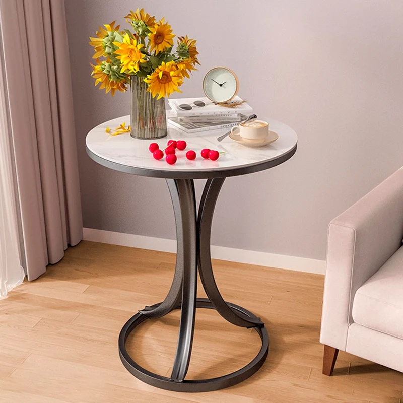 Contemporary Scandinavian Sintered Stone Metal Curved Round Side Table 1-Tier For Living Room