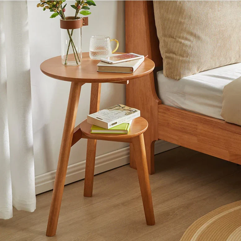 Traditional Chinese Rubberwood Round Triangular Side Table 2-Tier For Living Room