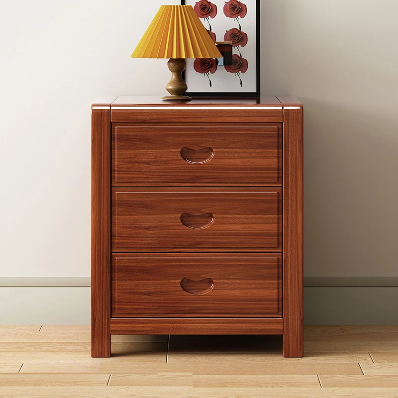 Traditional Chinese Solid Wood Square Nightstand 3-Drawer Bedside Table For Bedroom