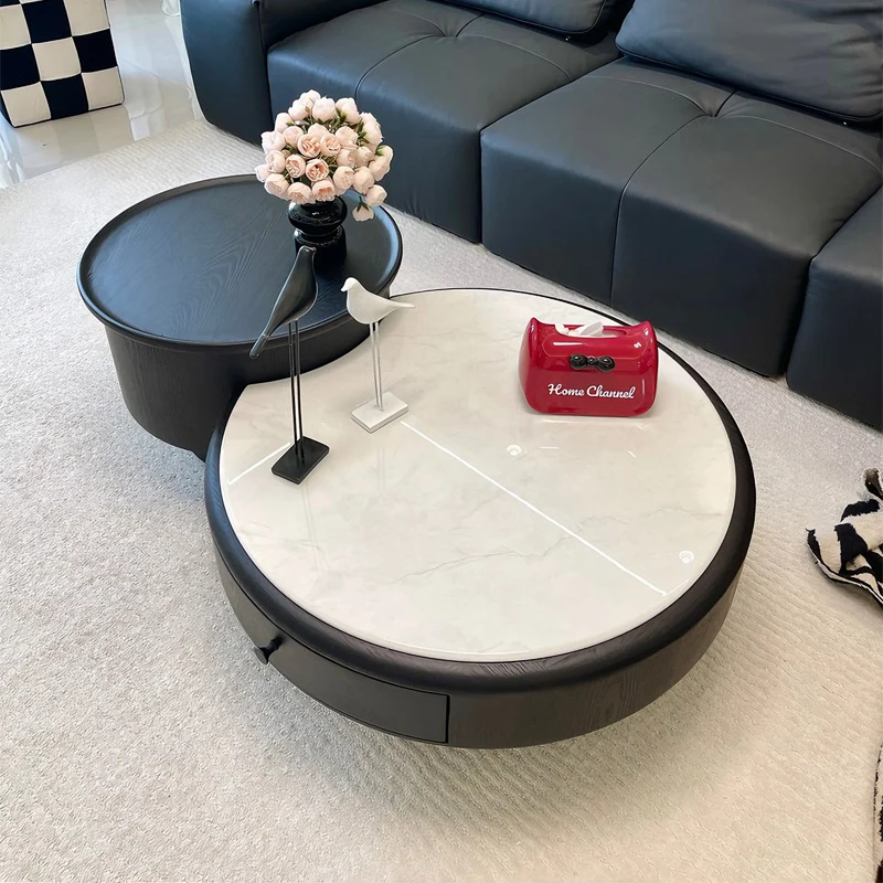 Modern Luxury Round Microcrystalline Stone Medium Density Fiberboard Solid Wood Coffee Table 1-Drawer 1-Cabinet For Living Room
