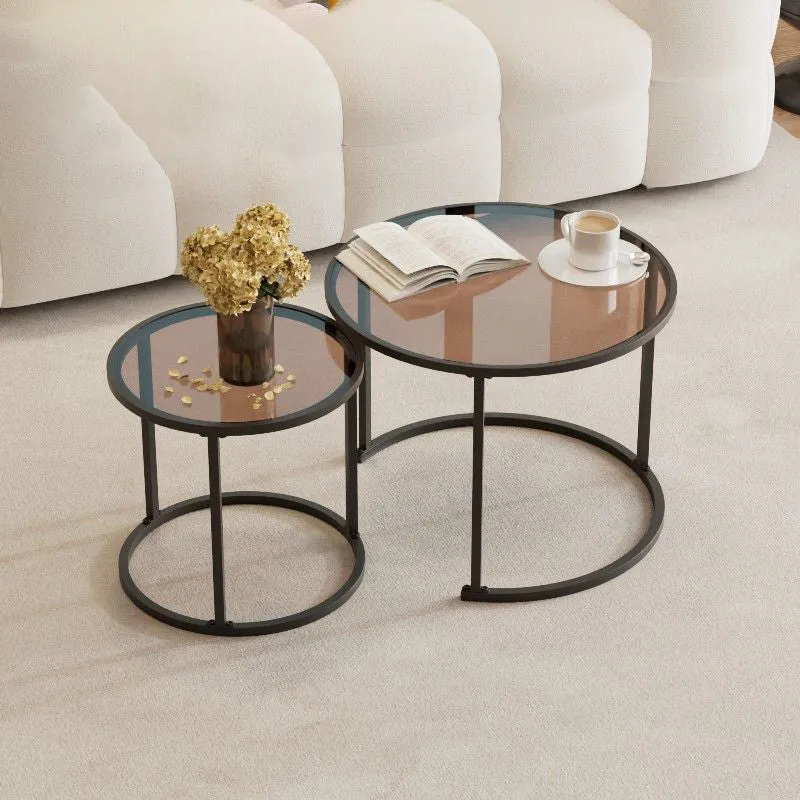 Modern Minimalist Tempered Glass Iron Round Nesting Coffee Table Set For Living Room