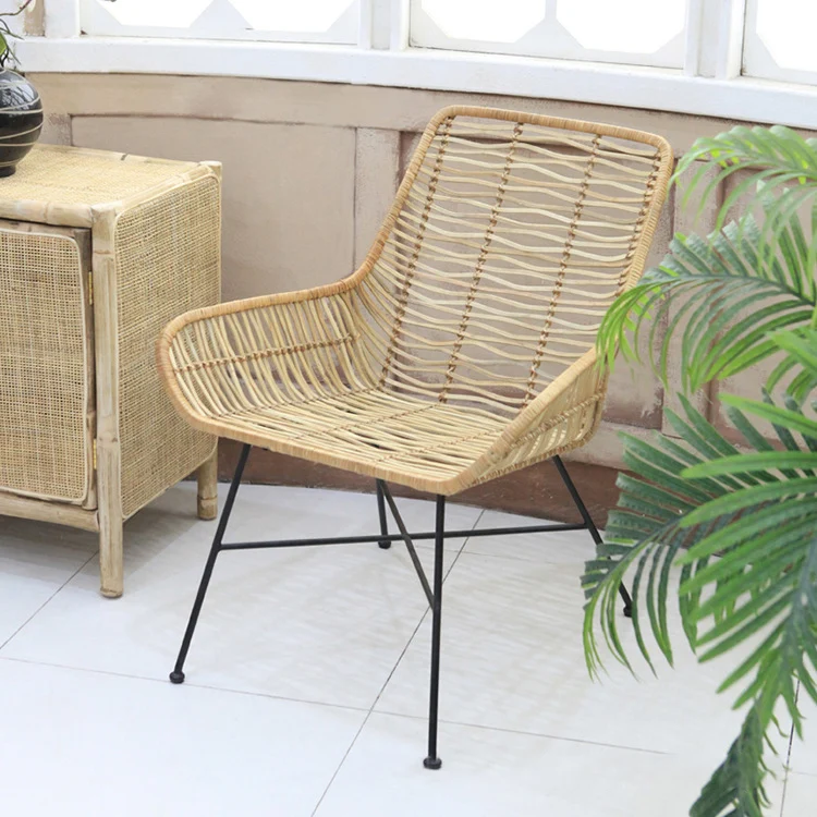 Ergonomic Natural Rattan Armchair - Rust-Proof Iron Frame Cool Seating Chair For Living Room