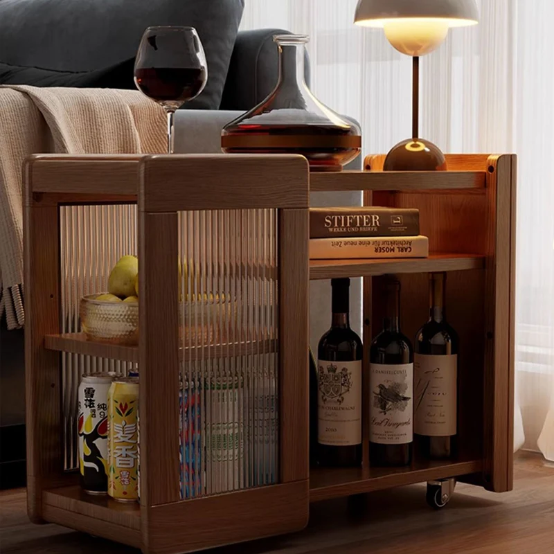 Modern Minimalist Rectangular Rubberwood Glass Side Table 3-Tier 2-Cabinet Movable For Living Room