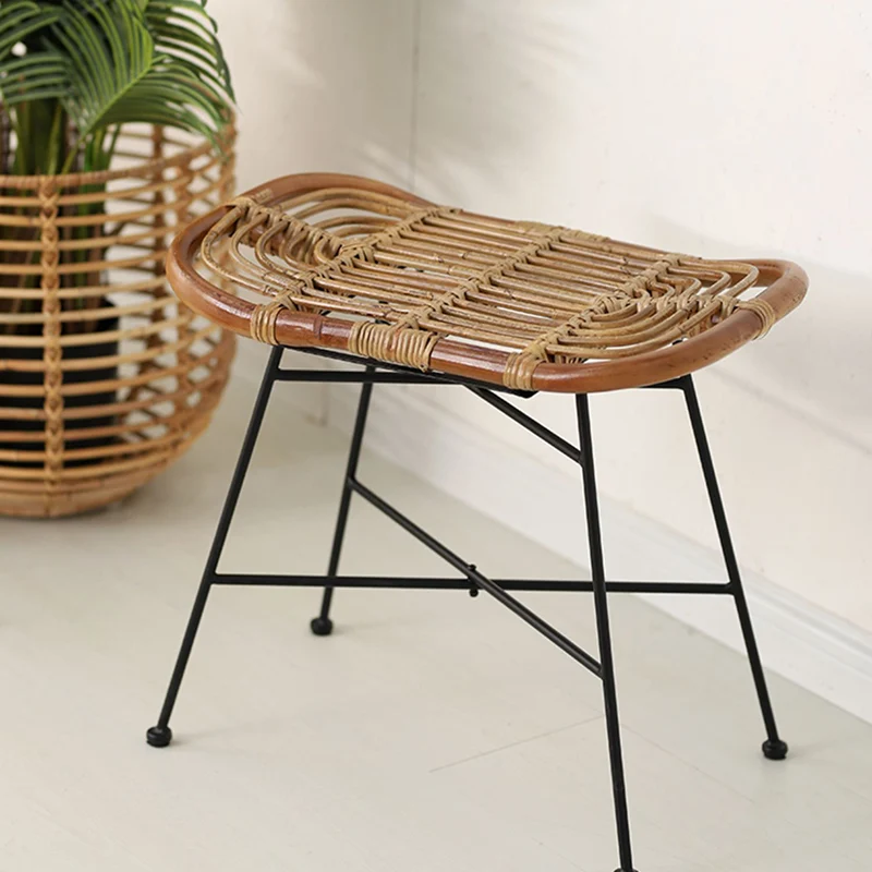 Contemporary Scandinavian Handwoven Rattan Low Stool With Iron Frame For Entryway & Living Spaces
