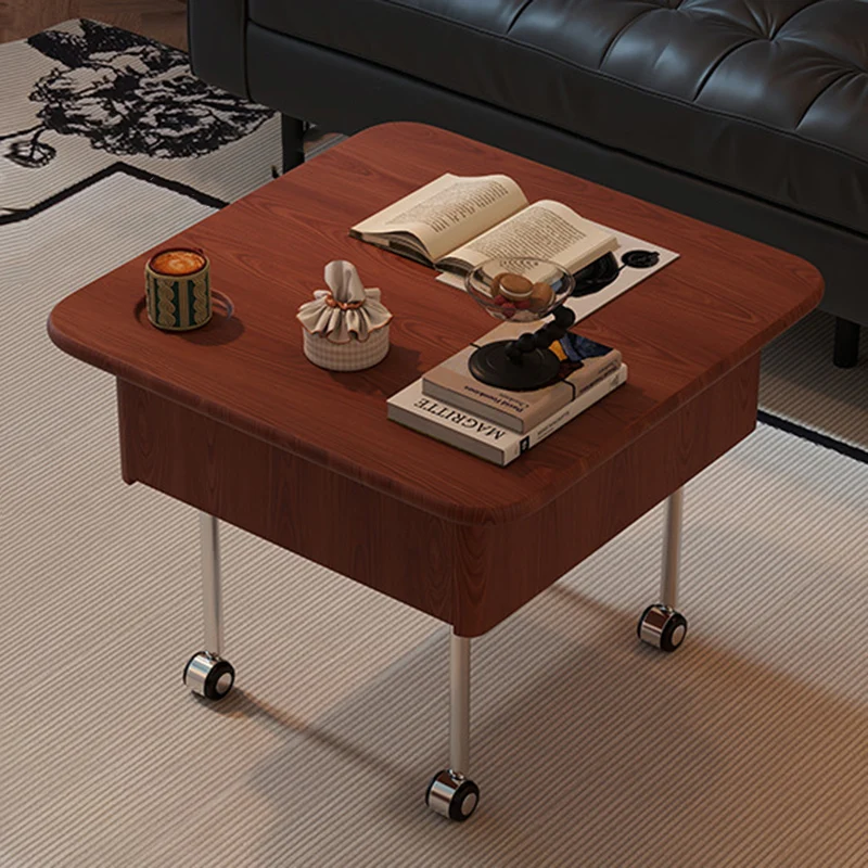 Contemporary Retro Square Rubberwood Iron Stainless Steel Height Adjustable Movable Coffee Table 2-Tier For Living Room