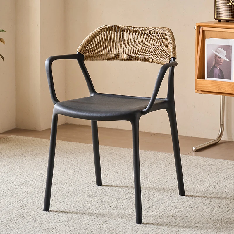 Modern Minimalist Square PP PE Rattan Weaving Dining Chair Backrest Armrest For Dining Room & Kitchen